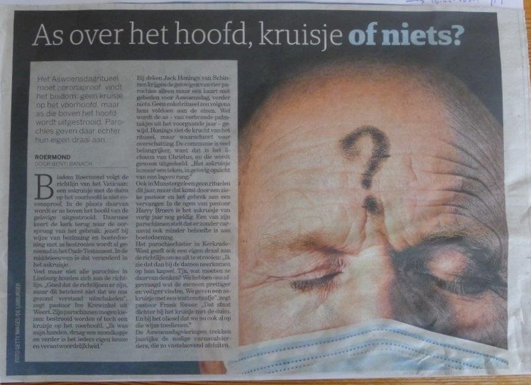 Artikel over Aswoensdag op de voorpagina van Dagblad de Limburger. ( 16-02-2021 )