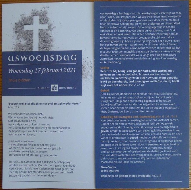 Gebedskaart Aswoensdag 2021, uitgegeven door bisdom Roermond