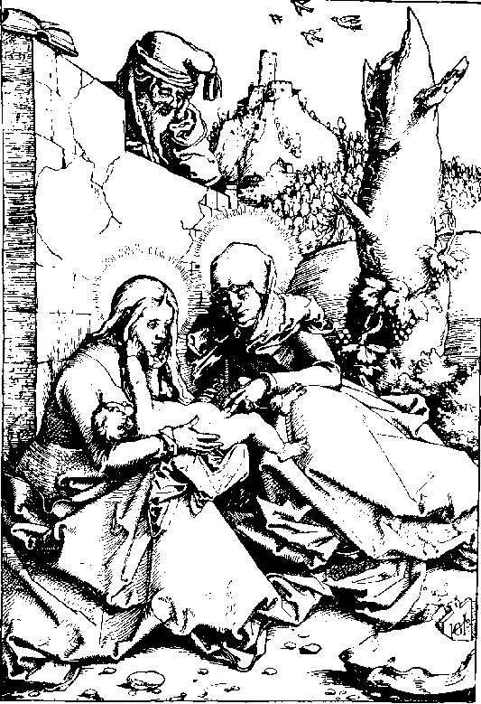 Anna-te-Drieën, houtsnede van Hans Baldung Grien, 1511. Het gebaar van Anna naar het geslacht van Jezus is waarschijnlijk bedoeld om de aandacht van de toeschouwer te vestigen op de besnijdenis, het joodse initiatieritueel,dat Zijn komst op aarde als mens accentueert.De manspersoon is Jozef, die geen deel neemt aan het gebeuren; hij zou ingedut zijn. De dorre boom is symbool voor het kruis, en de druiven staan voor de eucharistie of het lijden van Christus.