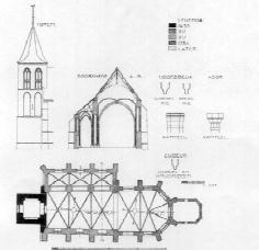 Oude bouwtekening van het kerkgebouw van voor de oorlog: